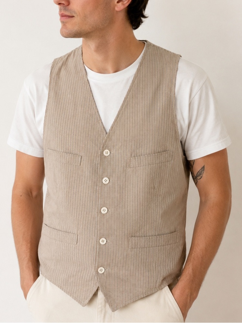 Vintage RRL Ralph Lauren Men’s Vest 100% Cotton Tan Stripe Made in USA Large